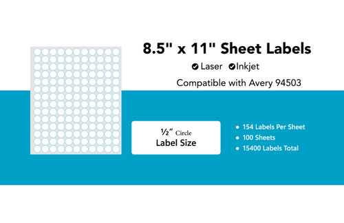 Avery 94503 Circle Compatible Laser/Inkjet Sheet Labels - 0.5" Circle 154/Sheet - 100 Sheet Pack
