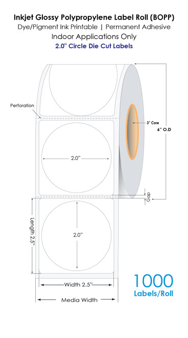 C6500 2" Circle Glossy Polypropylene Labels 1,000/Roll 3"/6"OD