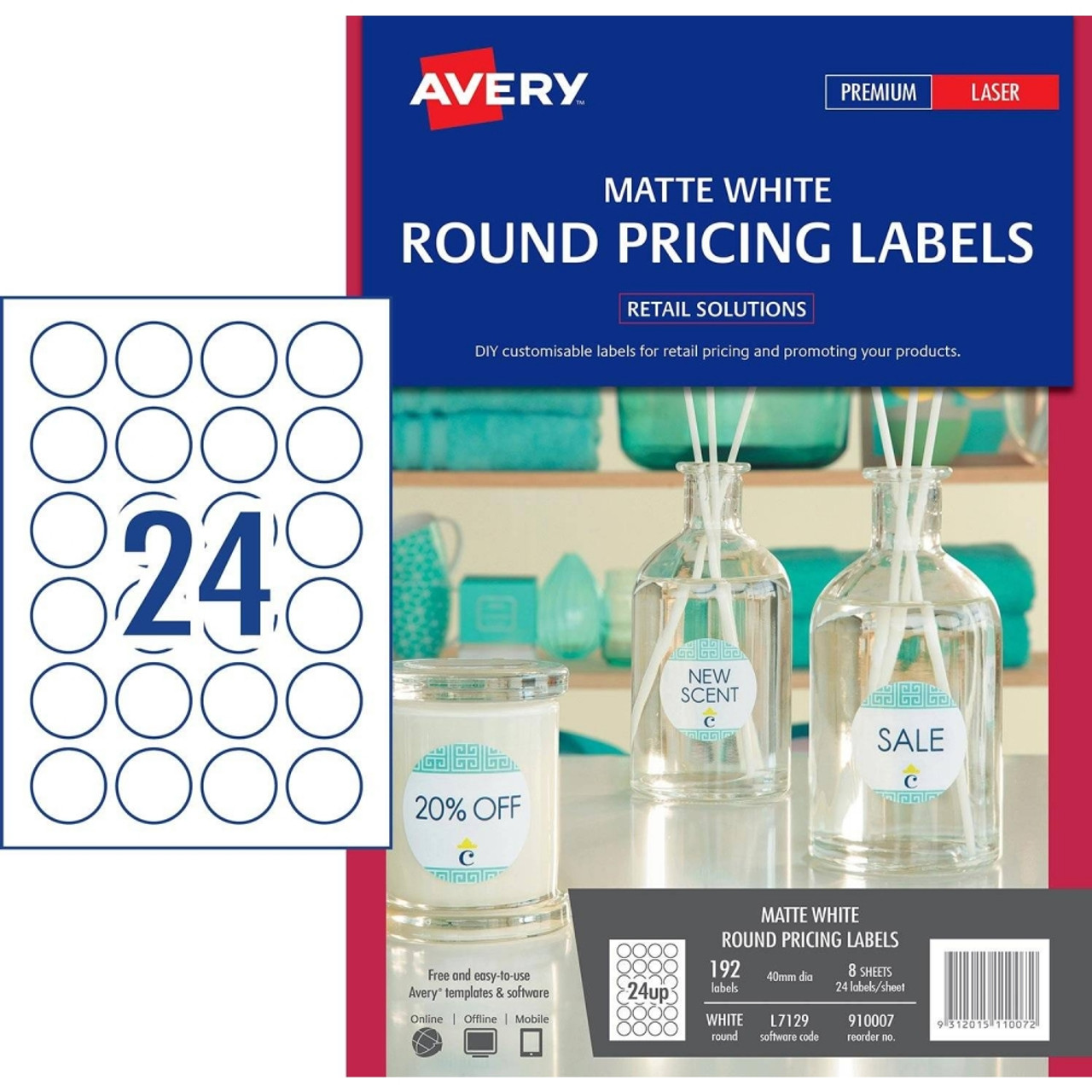 LABELS AVERY LASER/INKJET L7129 40MM ROUND MATT WHITE 24UP PACK OF 8 SHEETS