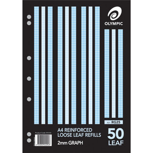 Olympic Reinforced Loose Leaf Refill Graph RG25 A4 2mm, Pack of 50 Leaf (141414)