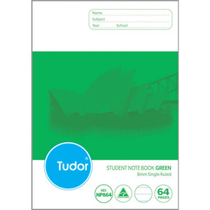 TUDOR NOTEBOOKS NSW PRIMARY 64Pg 250x176 8mm Ruled Green(197745)