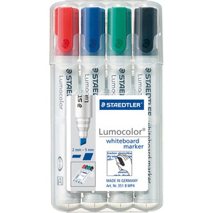 Staedtler 351 Lumocolor Whiteboard Marker 2.0 - 5.0mm Chisel Tip Assorted Colours Wallet of 4