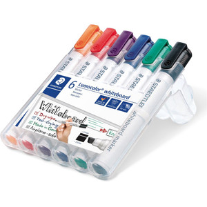 Staedtler 351 Lumocolor Whiteboard Marker 2.0 - 5.0mm Chisel Tip Assorted Colours Wallet of 6