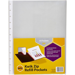 MARBIG KWIK ZIP REFILLS Display Book A4 Pkt10 Clear