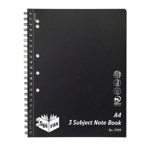 SPIRAX P599 3 SUBJECT BOOK Side Opening A4 300 Page Black