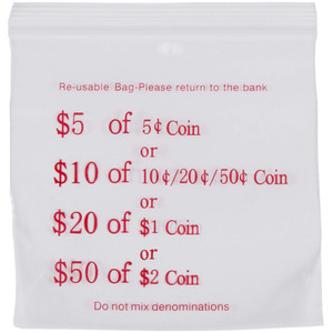 PRESS SEAL PP PRINTED COIN BAGS 110 X 100 MM 60 MICRON CLEAR PACK 100