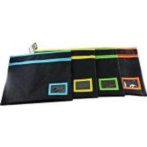 BLACK POLYESTER NAME CARD PENCIL CASE 2 Zip 4 Assorted Neon Trim 35 x 18cm