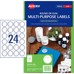 AVERY L6112C CRYSTAL CLEAR POLYESTER ROUND MULTI-PURPOSE LABELS 40mm Diameter Permanent 240 Labels / 10 Sheets