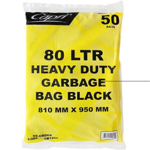 Capri 75 - 80L Heavy Duty Garbage Bags Flat Pack - Black, Pack of 50