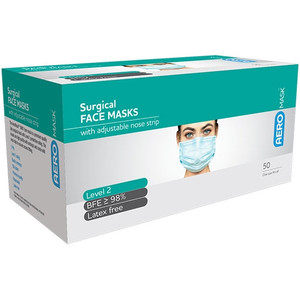 AEROMASK Surgical Face Masks 3Ply Level 2 Protection Rating with Earloops and Nose Clips Pack of 50