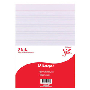 STAT NOTEPAD A5 7MM RULED 55Gsm White 50 Sheet