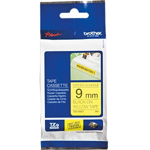BROTHER TZe-S621 STRONG ADHESIVE LABELLING TAPE 9mm x 8m BLACK ON YELLOW