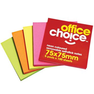 OFFICE CHOICE NOTES 75x75mm Neon Coloured PK5 123080OC ** While Stocks Last **