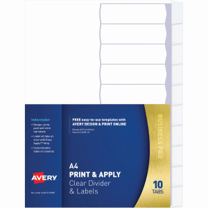 Avery L7455-10 Print & Apply Label Dividers A4 10 Tabs Clear