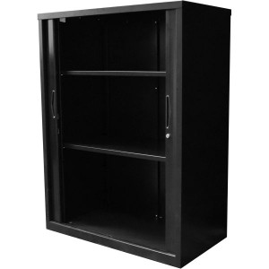 Go Steel Tambour Door Storage Cupboard Includes 2 Shelves 1200Hx900Wx473mmD Black
