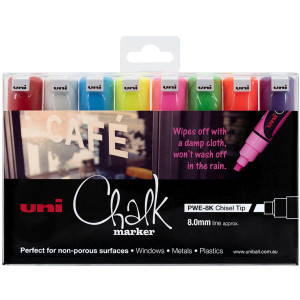 Uni-Ball Chalk Marker Chisel Tip 8mm Assorted colours Pack Of 8