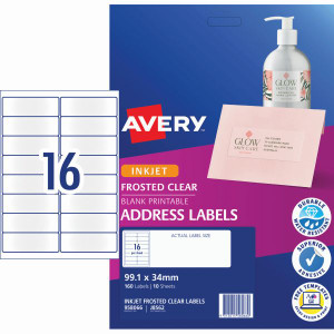 Avery Frosted Clear Inkjet Address Labels J8562 99.1x34mm 16UP 160 Labels 10 Sheets