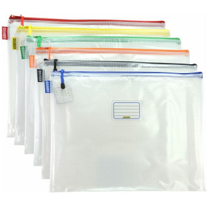 Osmer A3 Clear Mesh PVC Pouch 6 Assorted Zip Colours 46.5cm x 35.5cm with Name Card Insert Pocket 1 Zip Fits A3 Size Paper (Each)