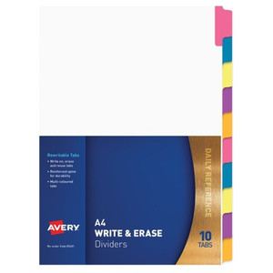 AVERY MYLAR TAB DIVIDERS REWRITABLE A4 COLOURED 10 TABS BRIGHT MULTI-COLOURED