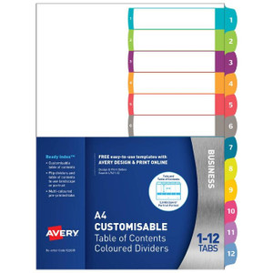AVERY 922005 L7411-12 CUSTOMISABLE TABLE OF CONTENTS COLOURED DIVIDER 1-12 TAB A4