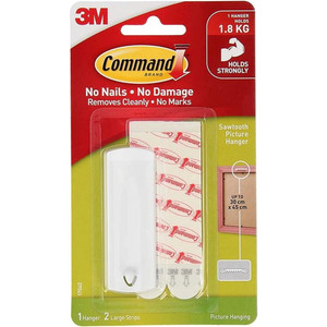 COMMAND ADHESIVE SAWTOOTH PICTURE HANGER WHITE PACK 1 HANGER AND 2 STRIPS Holds 1.8kg