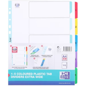 Oxford A4 1-5 Coloured Plastic Tab Dividers Extra Wide Reinforced
