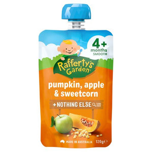 RAFFERTYS 4 MONTHS+ PUMPKIN APPLE AND SWEETCORN BABY FOOD 120GM