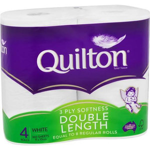 QUILTON WHITE DOUBLE LENGTH TOILET ROLL 3PLY 4PK