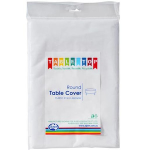 ALPEN WHITE PLASTIC ROUND TABLE COVER (Carton of 12)