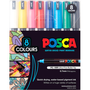 Uni Posca PC-1MR Paint Marker Ultra Fine Pin 0.7mm Assorted Colours Wallet of 8