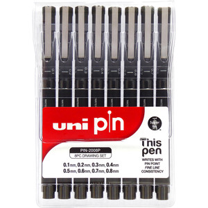 Uni Pin 200 Fineliner Drawing Pens Assorted Tip Sizes Black Wallet of 8