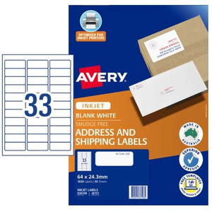 Quick Peel Address Labels J8157-50 33UP with Sure Feed 64 x 24.3 mm, Inkjet, Permanent, 1650 Labels / 50 Sheets
