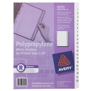 Avery Polypropylene A4 Printed Tab Dividers 1 -20 L7411-20 White (85620)