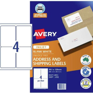 LABEL AVERY INKJET A4 4UP 99X139MM WHITE J8169 PK50