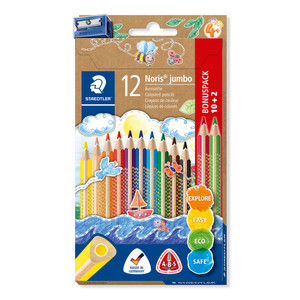 Staedtler 128 Noris Jumbo Triangular Coloured Pencils + Sharpener, Assorted Pack of 12