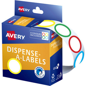 AVERY 937373 ROUND LABEL DISPENSER 24MM MULTI COLOURED RINGS BOX 300