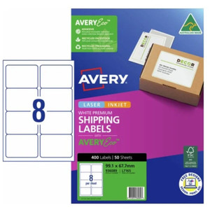 Avery Eco L7165 Premium Permanent Inkjet, Laser Shipping Labels 99.1 x 67.7mm, 8 Labels/ Sheet (8UP), Pack of 50 Sheets (400 Labels)