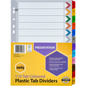 MARBIG PLASTIC COLOURED TABBED MANILLA DIVIDERS 1-12 Tab A4