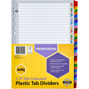 MARBIG PLASTIC COLOURED TABBED MANILLA DIVIDERS 1-31 Tab A4