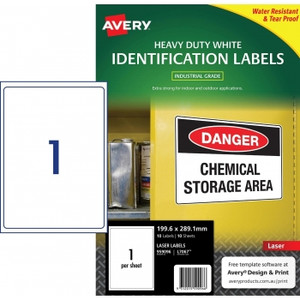 AVERY DURABLE HEAVY DUTY WHITE IDENTIFICATION LASER LABELS L7067 1 Label Per Sheet 199.6x289.1mm 10 Sheets