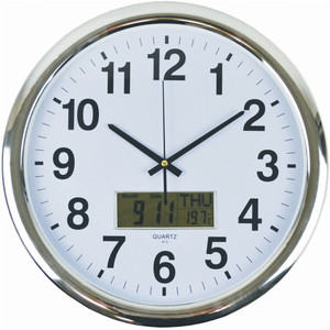 ITALPLAST LCD &TEMP WALL CLOCK 43cm Chrome Frame/White Face