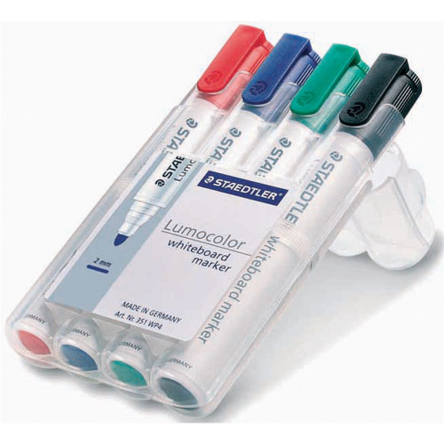 Staedtler 351 Lumocolor Whiteboard Marker 2.0mm Bullet Point, Wallet of 4 Assorted Colours