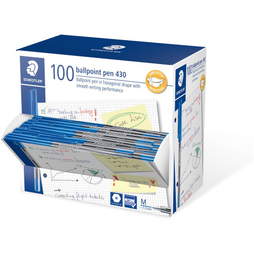 Staedtler Ballpoint Pen Stick 430 Medium - Blue, Dispenser Box of 100