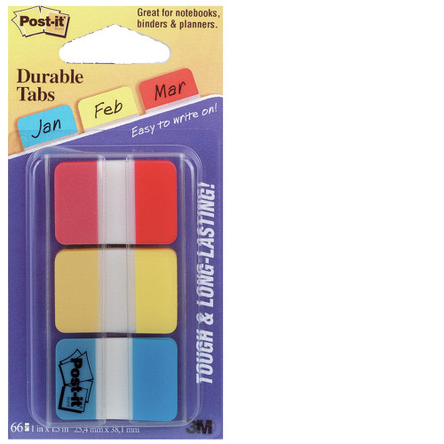 POST-IT 686-RYB DURABLE TABS Blue Red & Yellow 25x38mm Pack of 66 **