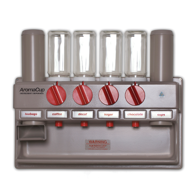 AROMACUP INSTANT HOT BEVERAGE DISPENSER 4 ingredient dispensers, 1 cup dispenser & teabag chute.