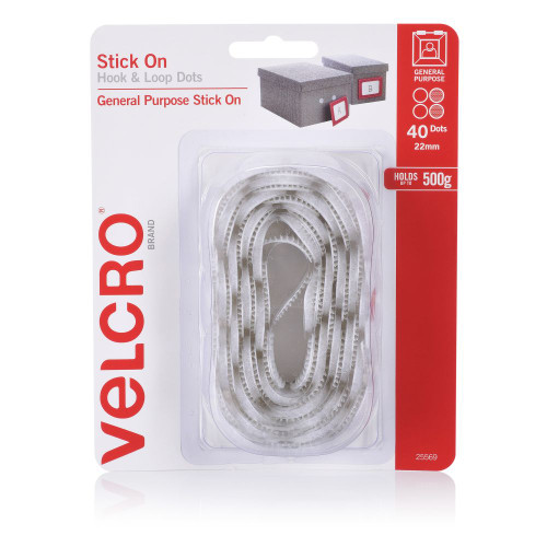 Velcro Stick On Hook & Loop Dots 22mm White, Pack of 40 Dots