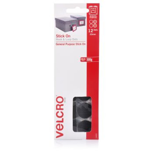 Velcro Handy Dots Hook & Loop 22mm Black H/Sell, Pack of 12 Dots (24502)
