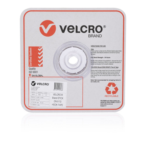 Velcro Stick On Hook Only Tape 25mm x 25m White (43361), Each