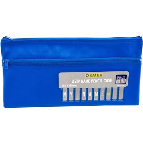 PENCIL CASE PVC CLOTH BACKED WITH ALPHABET NAME INSERT - 35 X 18CM - 2 ZIP - BLUE