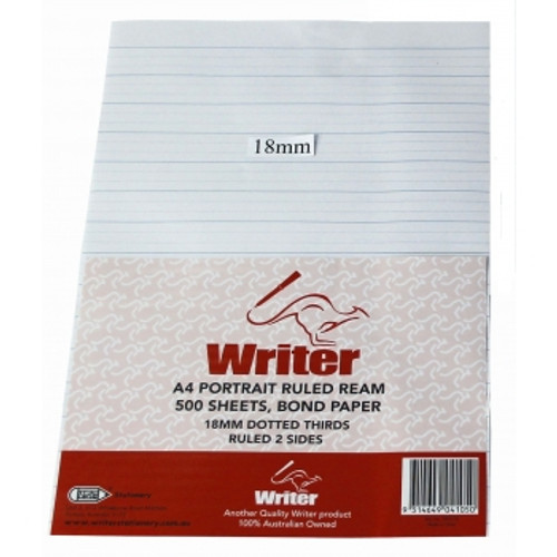 WRITER A4  EXAM PAPER 18mm Dotted Thirds, Ruled 2 Sides, Portrait, Rm500